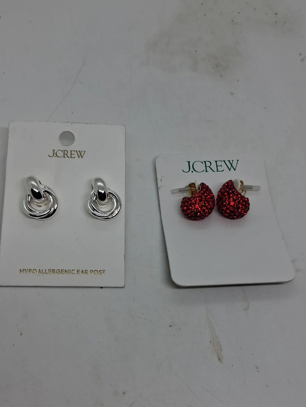NWT J. Crew Red Glitter Knot Stud Earrings & Silver Earrings Set
